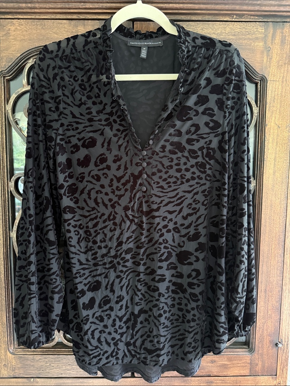 White House Black Market Black Velvet Animal-Print Split-Neck Blouse